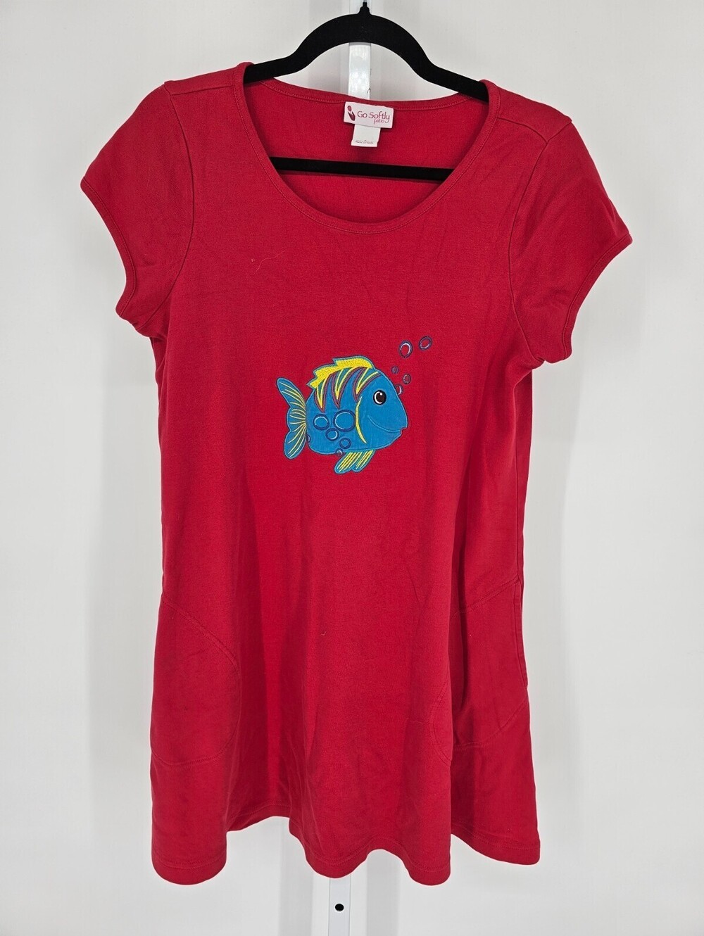 Go Softly Patio Dress Womens Sz S Knee Length Short Sleeve Red Embroidered Fish